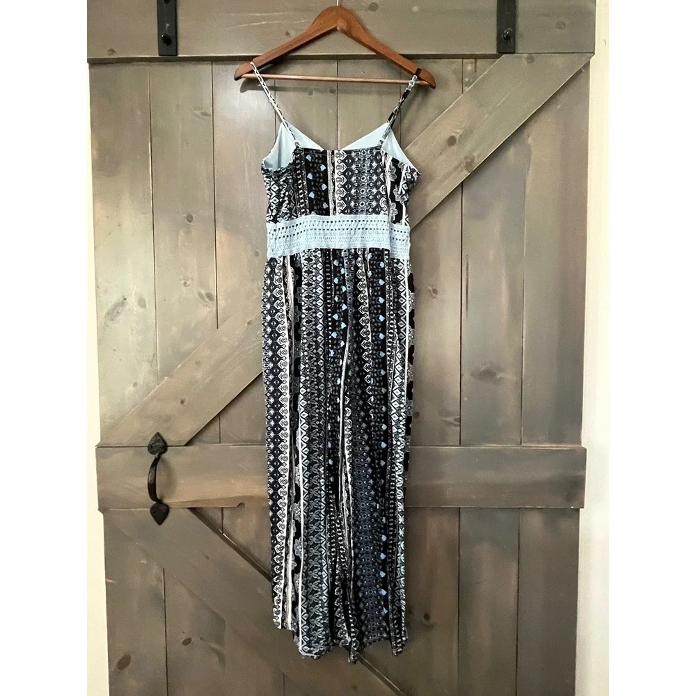No Boundaries Blue Boho Geometric Print Jumpsuit Crochet Waist Large 11-13 Boho